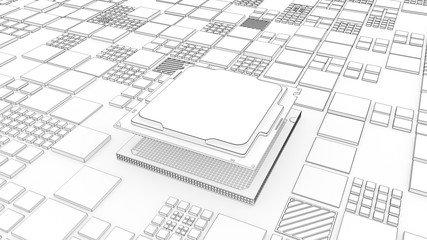 Fototapeta premium Installing CPU on Motherboard circuit with microchips, electric wave and signals 3d render