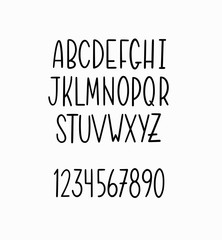 Vector hand-drawn simple thin lettering alphabet. Capitals and digits only. Doodle calligraphy typeset