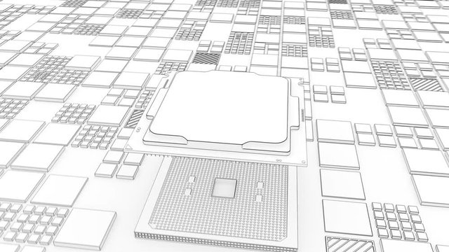 Installing CPU on Motherboard circuit with microchips, electric wave and signals 3d render