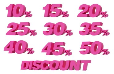 3D numbers discount roses with white background. 10%, 15%, 20%, 25%, 30%, 35%, 40%, 45%, 50%.