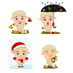 Set of cute sheep in different seasons - summer, autumn, winter, spring