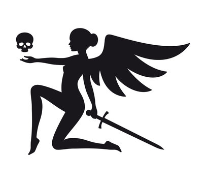 Vector black silhouette of cute angel of death. Isolated on white background