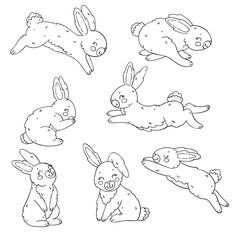 Cute cartoon rabbits outline set. Coloring book