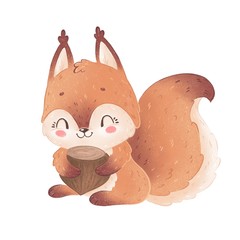 Cute cartoon squirrel with hazelnut