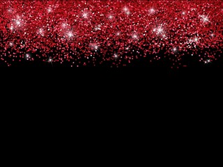 Red glitters. Red gold falling particles on black background. Vector shine festive background with silver stars. Design for Christmas and birthday cards, invitation, party posters