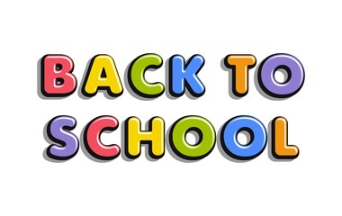 Colorful text Back to School isolated on white background. Bright multi-colored  volumetric letters (pink, green, blue, violet). Cartoon style. Design elements for cards, leaflets, flyers, shop sales.