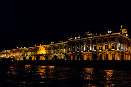 Night view of Winter Palace in St. Petersburg, Russia. View from the Neva river