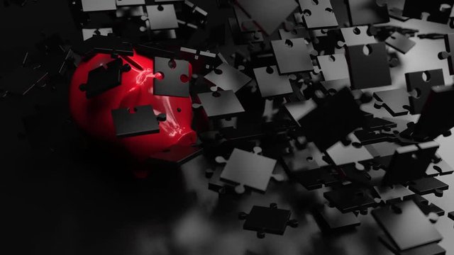 4k Animation Falling Puzzle Pieces Red Piggy Bank