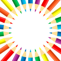 White background with colored pencils. Rounded frame