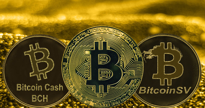 Coins cryptocurrency Bitcoin BCH BTC BSV on golden background.