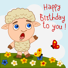 Funny lamb sings a song Happy birthday to you!