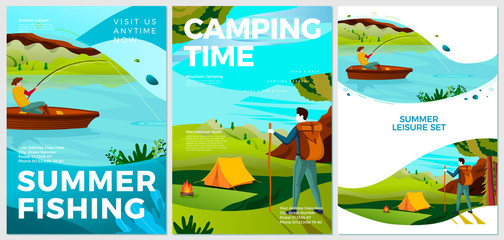 Vector summer typographic posters set - hiking and fishing people. Forests, trees and hills on background. Print template with place for your text.