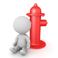 3D Character sitting next to red fire hydrant