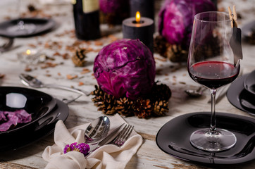 Beautiful table setting with lavender flowers on wooden background