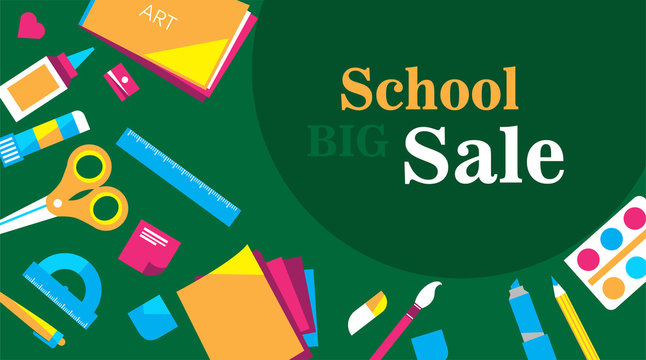 ool equipment sales banner in flat style. Education market offer advertisement. vector illustration