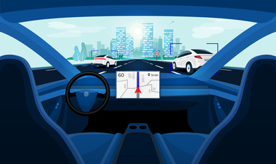 Autonomous smart driverless electric car self-driving on road to city. Vehicle autopilot scanning distance with radar, cameras, sensor. Viewed from the car interior dashboard display. Vector concept.