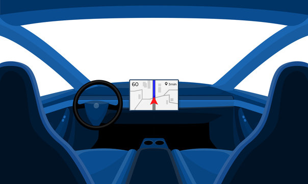 Vector illustration of inside minimalistic car interior with dashboard big display. Rudder cockpit windschield view outside the window. Blue car cabin cartoon style isolated on white background.