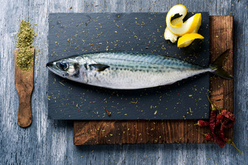 raw fresh mackerel on a slate tray