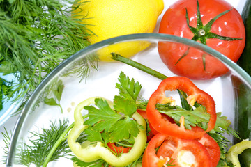 arvesting vegetable vitamin salad in the home kitchen, close-up