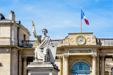 Close-up view of the statue named The Law at the center of the place du Palais Bourbon with the...