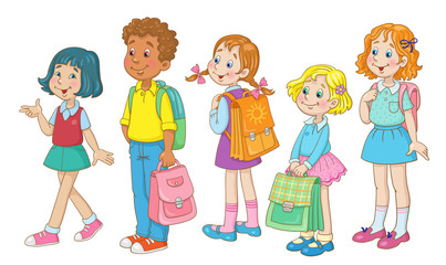 Group of schoolchildren with briefcases. In cartoon style. Isolated on white background.