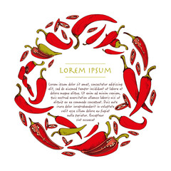 Vector wreath with chili peppers vegetable hand drawn circle background with food