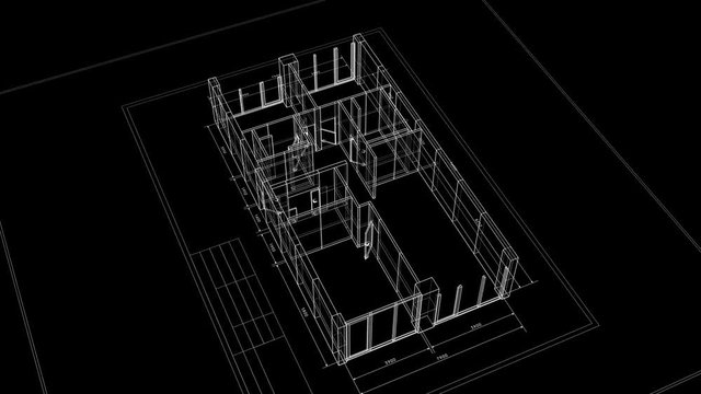 Abstract Apartments Building Process on Black Background. Last Turn is Loop-able. Looped 3d Animation of Rotating Blueprint in Grid Mesh. Construction Business Concept. 4k Ultra HD 3840x2160.