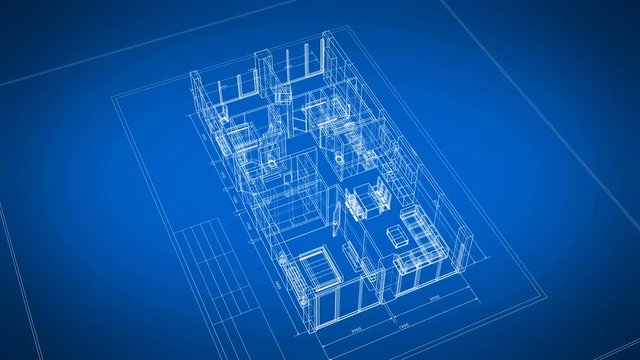 Beautiful Abstract 3d Blueprint of Building Apartments with Furniture Turning on Blue Background. Last Turn is Loop-able. Looped 3d Animation. Construction Business Concept. 4k Ultra HD 3840x2160.