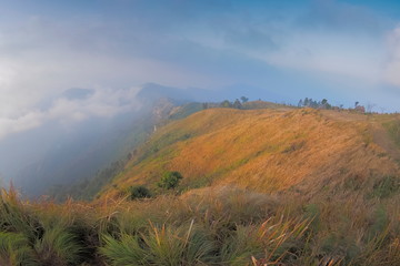 Mountain view morning of the hill around with soft fog with cloudy sky background, Phu Chi Fa (Phu Chee Fah), Chiang Rai, northern of Thailand.