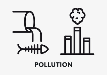 Air and Water Pollution. Dead Fish, Factory Tube Smoke. Flat Line Icon.