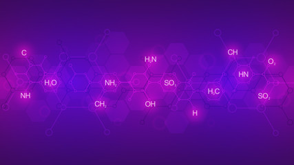 Abstract chemistry pattern on purple background with chemical formulas and molecular structures. Template design with concept and idea for science and innovation technology.