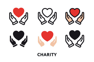 Care Help Charity Support Concept. Hands and Heart. Minimal Flat Line Outline Stroke Icon Set.