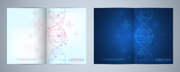 Vector template for cover or brochure, with molecules background and DNA strand. Medical or scientific and technological concept.