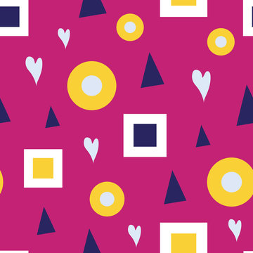 Seamless pattern of bubbles and squares on a burgery background.