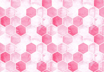 Hand drawn seamless pattern pink marble honeycombs watercolor