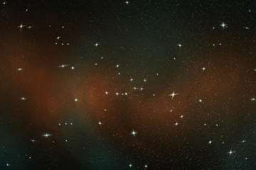 Abstract image of bright stars in endless space in blue and yellow light, illustration.