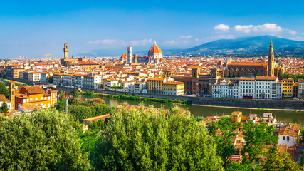 Fototapeta na wymiar Florence cityscape. Beautiful view on Firenze, Italy. Amazing view from Michelangelo park square on Florence Palazzo Vecchio and Duomo Cathedral. Tuscany