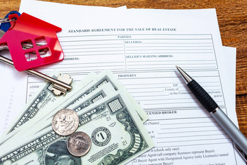House, home, property, real estate purchase buying sale contract agreement pen money coins keys wooden background, expenses, buying, investment, finance, savings, concept close up selective focus