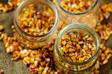 corn grain poured into glass jars