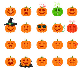 Set of Emoji for Halloween. Pumpkins with various emotions: fear, anger, joy, fright, nausea, smile, vampire, lover