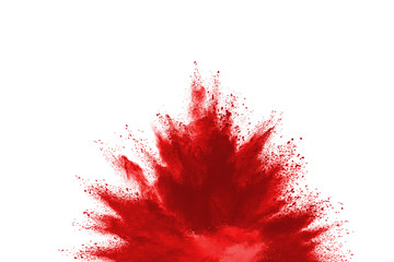 Red powder explosion on white background. Colored cloud. Colorful dust explode. Paint Holi.