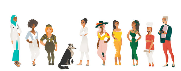 Diverse group of beautiful women - cartoon characters with different outfits, bodies, sizes and ethnicities