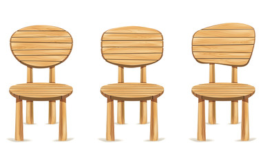 Wooden chair in cartoon style different shapes isolated on white background. Set of wooden chair in front view.