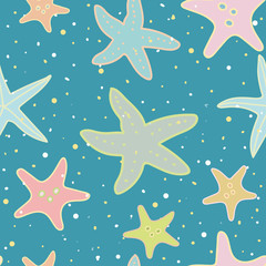 Turquoise vector repeat pattern with pastel starfish and sand. Summer beach pattern. Surface pattern design.