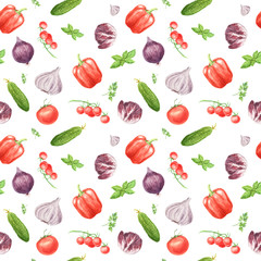 Watercolor vegetable seamless pattern. Garlic, basil leaf, bell pepper, cucumber, cherry tomato, arugula leaf