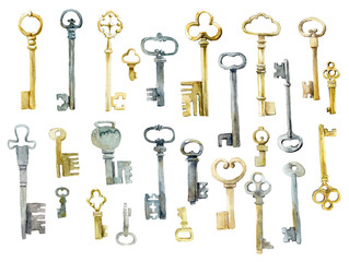 Old forged keys. Watercolor hand drawn illustration