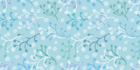 Blue vector repeat pattern with seaweed and bubble. Underwater beach pattern. Surface pattern design.