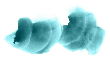 Abstract watercolor background hand-drawn on paper. Volumetric smoke elements. Blue-Green color. For design, web, card, text, decoration, surfaces.