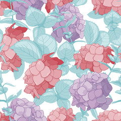 Seamless pattern of flowers of hartensia, twigs and leaves for your design. Texture for the design of cards, textiles and decor.