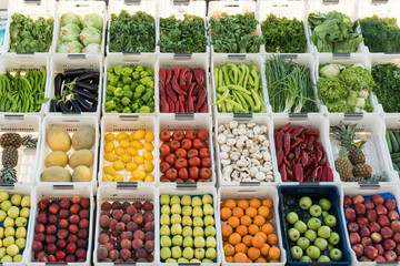Großes Sortiment an frischem Obst und Gemüse auf regionalen Wochenmarkt